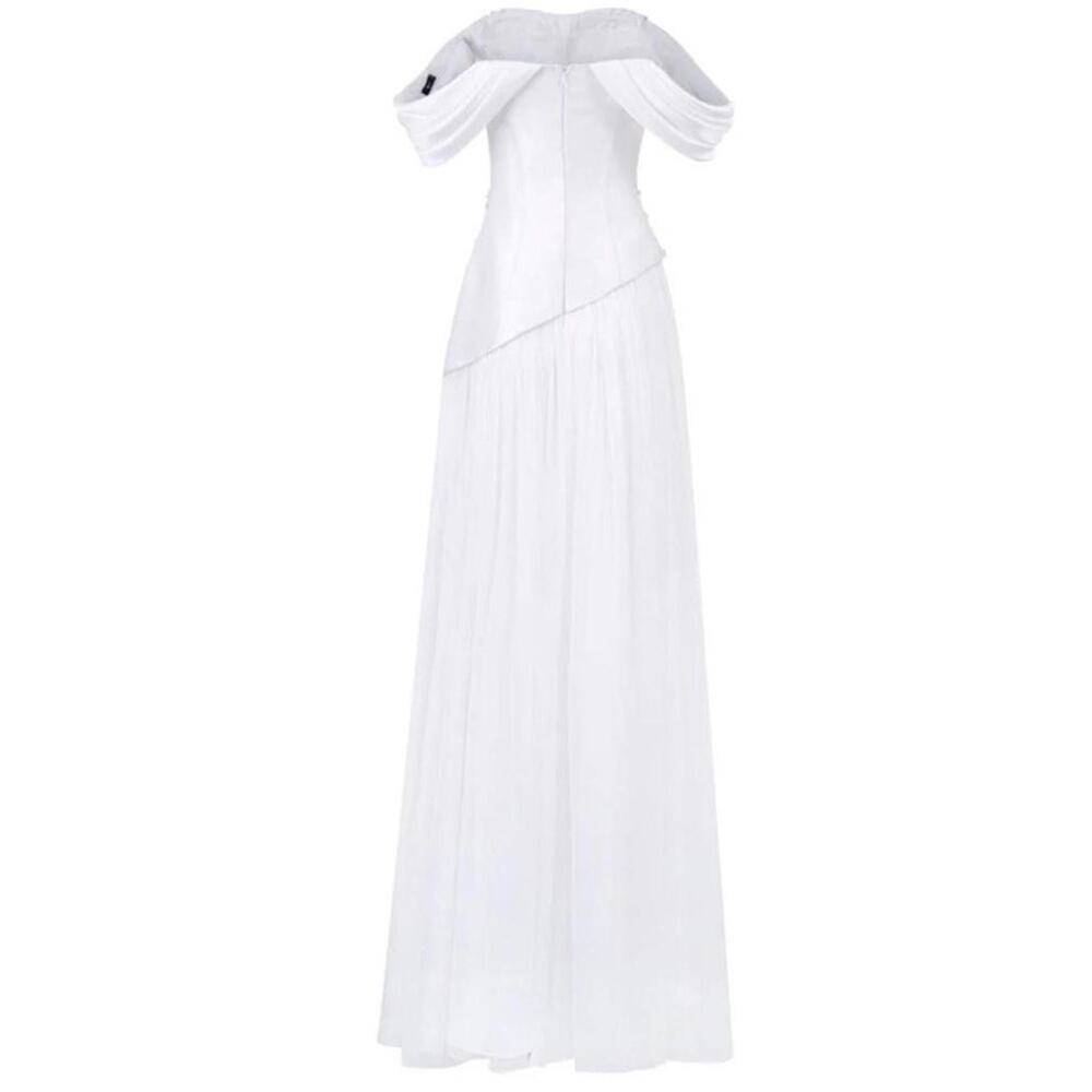 21SIX $1,732 Taffeta pleated Off Shoulder Maxi Dress Gown Size US Small Beige